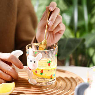 高颜值办公室家用水杯创意萌兔带把手早餐牛奶咖啡杯玻璃杯批发