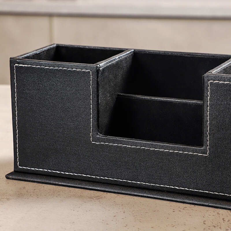 工厂批发笔筒简约皮革双笔筒多功能桌面收纳盒办公用品文具收纳筒