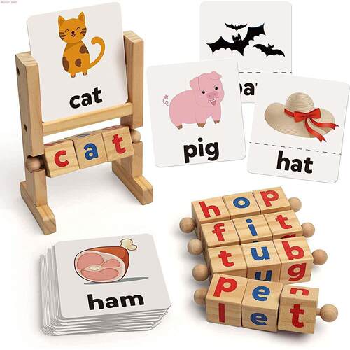 Wooden Reading Blocks Short Vowel Rods Spelling Games记忆架0