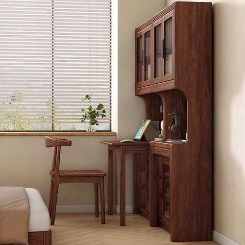 新中式书桌现代简约黑胡桃木书房实木书桌柜一体多功能洞洞板书桌