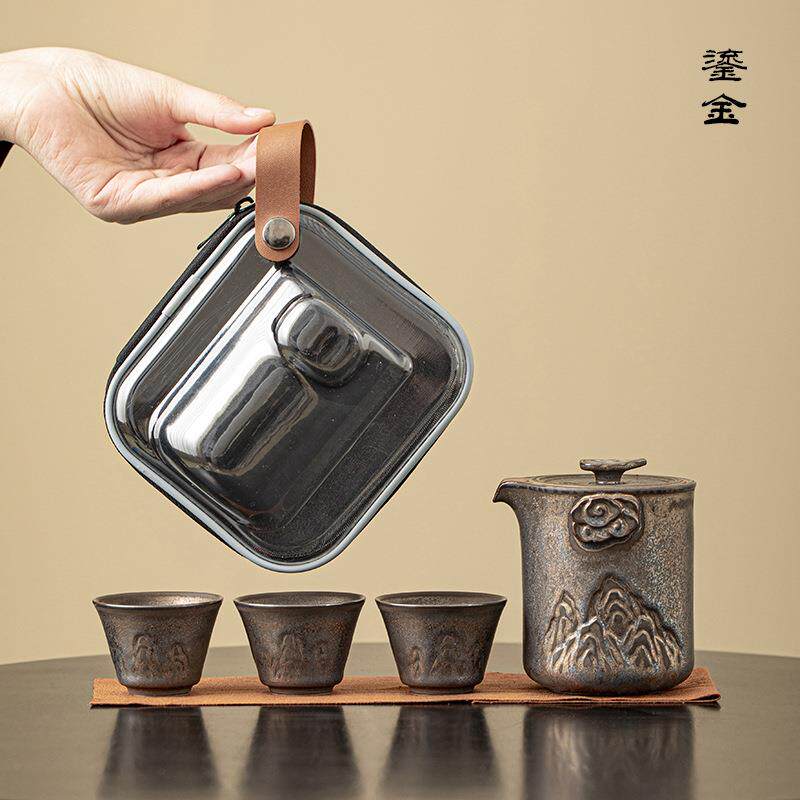 便携式旅行茶具小套装户外简易功夫泡茶壶茶杯露营快客杯一壶三杯