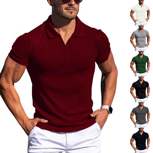 Mens Muscle V Neck Polo Shirts Slim Fit Short Sleeve Golf