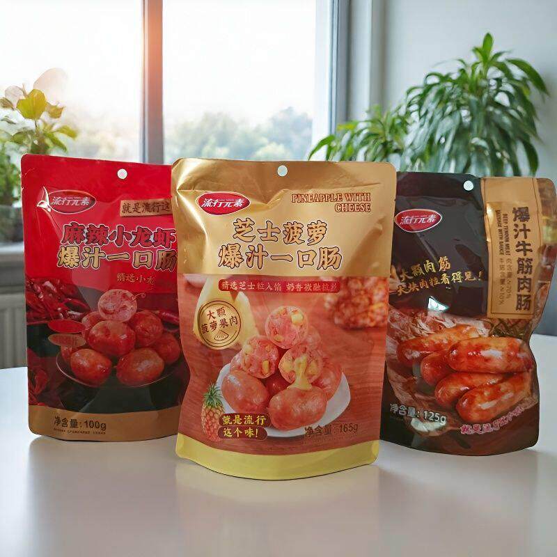 新日期流行元素爆汁牛筋肉肠芝士凤梨麻辣小龙虾一口肠弹脆爆汁休