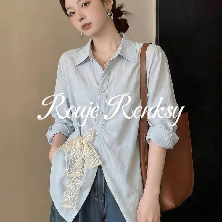 法国Rouje Renksy法式浅蓝色翻领长袖衬衫女夏季蕾丝绑带收腰显瘦