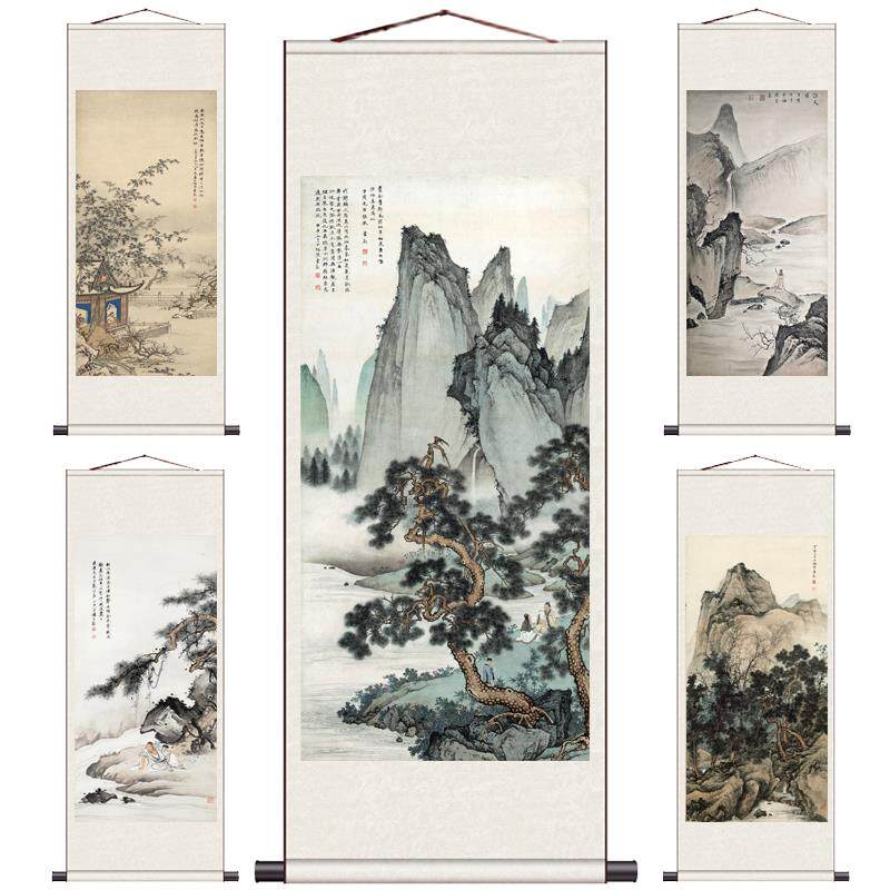 名家高清复制卷轴挂画陈少梅山水花鸟人物画梅花仕女图松泉风水画