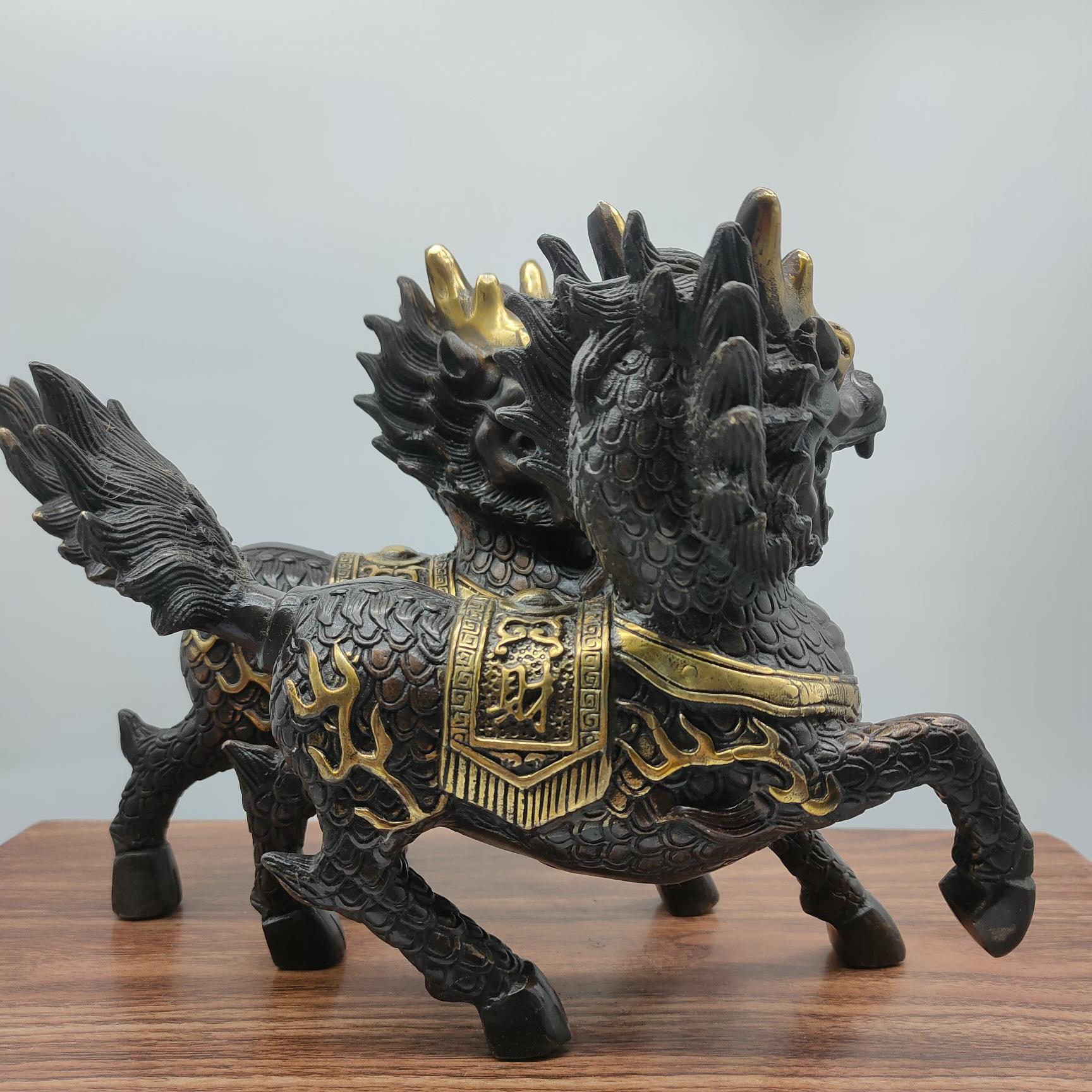 黄铜鎏金麒麟摆件仿古复古一对大号摆件工艺品家用家居摆设
