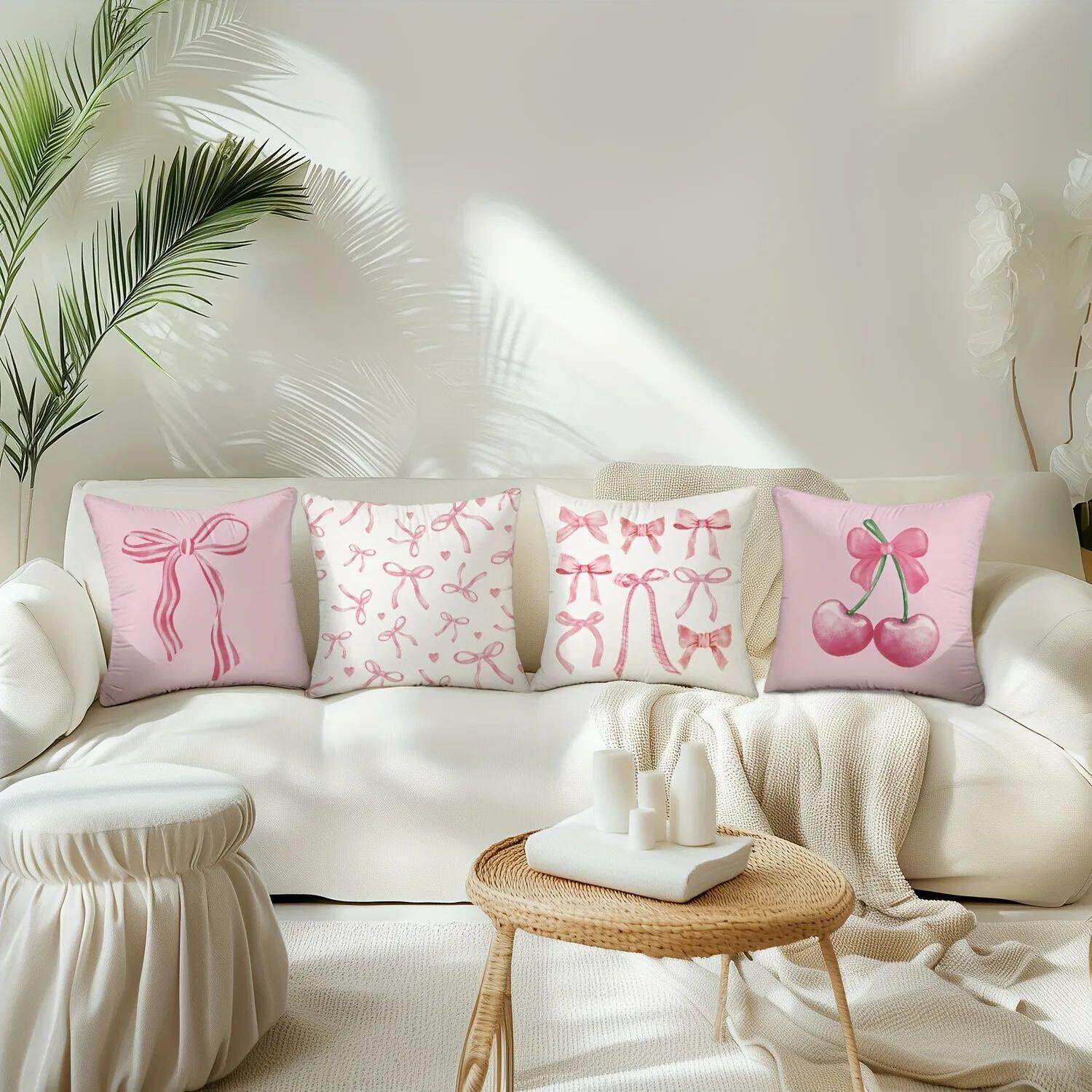 Pink bow cherry pattern printed pillowcase, soft and comfort