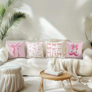 Pink bow cherry pattern printed pillowcase, soft and comfort