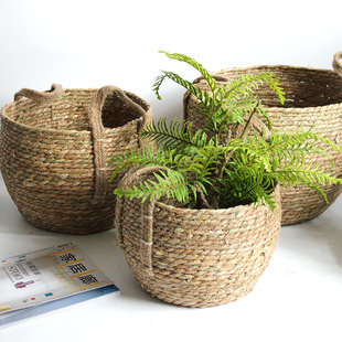 北欧草编花盆藤编花盆客厅家居落地绿植装饰手提编织筐收纳框