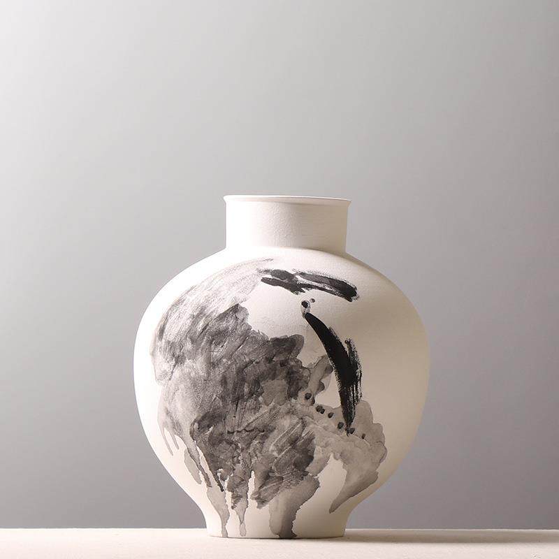 中式罐子手绘陶瓷书剑罐创意水墨锦鲤磨砂插花装饰样板房书房摆件