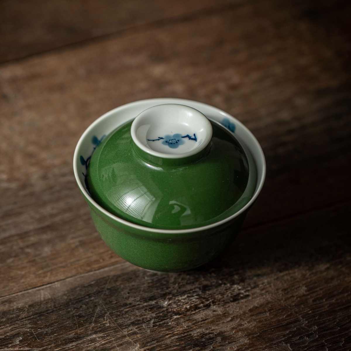 松花绿精工釉下彩手绘梅花盖碗高足泡茶碗茶杯功夫茶具手工