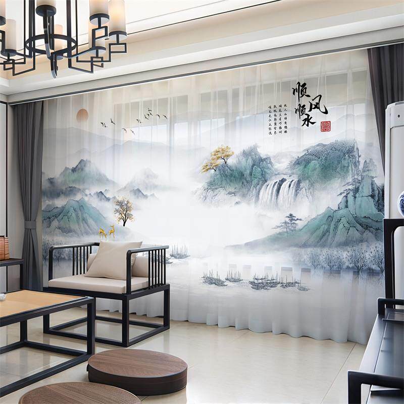 新中式窗帘遮光中国风景古典山水墨画客厅阳台透光不透人隔断纱帘