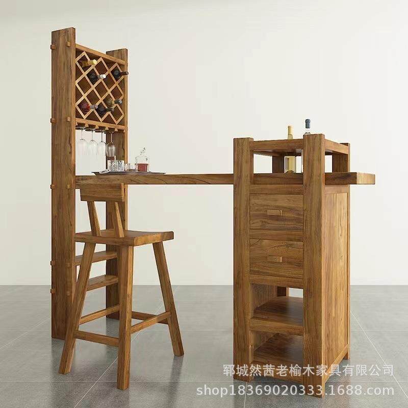 新中式老榆木酒柜带吧台一体展示架家居客厅茶具酒瓶收纳柜餐边柜