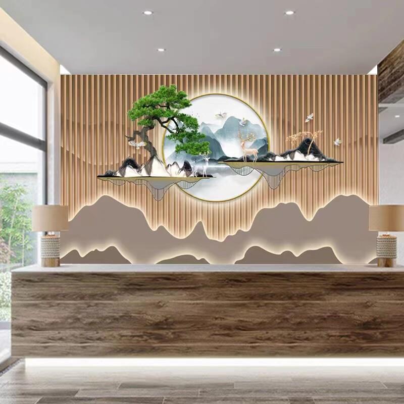 新中式迎客松竹木纤维茶室前台背景墙集成墙板采耳店养生馆护墙板