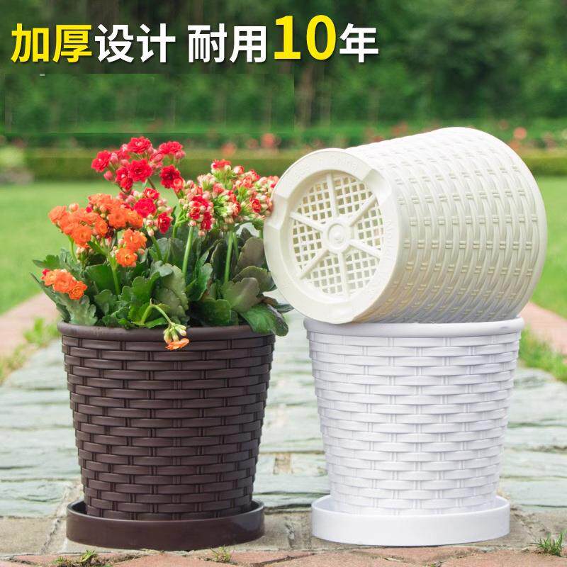加厚仿竹编树脂花盆塑料花盆加固简约多肉圆形室内阳台绿萝小花盆图片