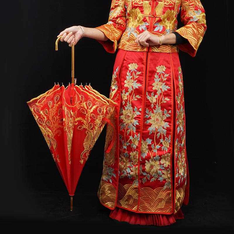 新款直销花边婚庆红伞结婚出嫁伞全新刺绣中式婚礼长柄雨伞复古婚