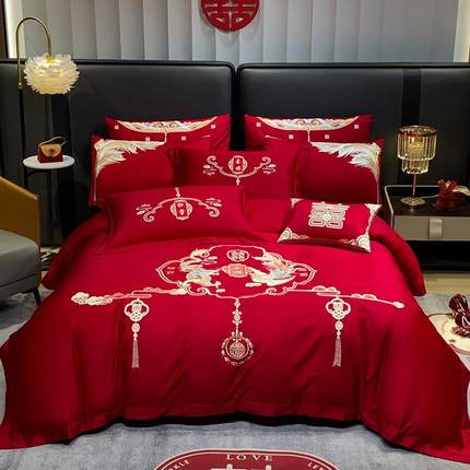 高档婚庆四绣件套大红全棉刺新婚床品婚六八十件用套纯棉绣花床结