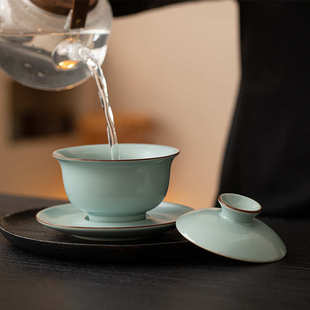 天青汝窑泡茶碗陶瓷功夫茶具大号三才盖碗汝瓷开片可养蝉翼纹茶碗