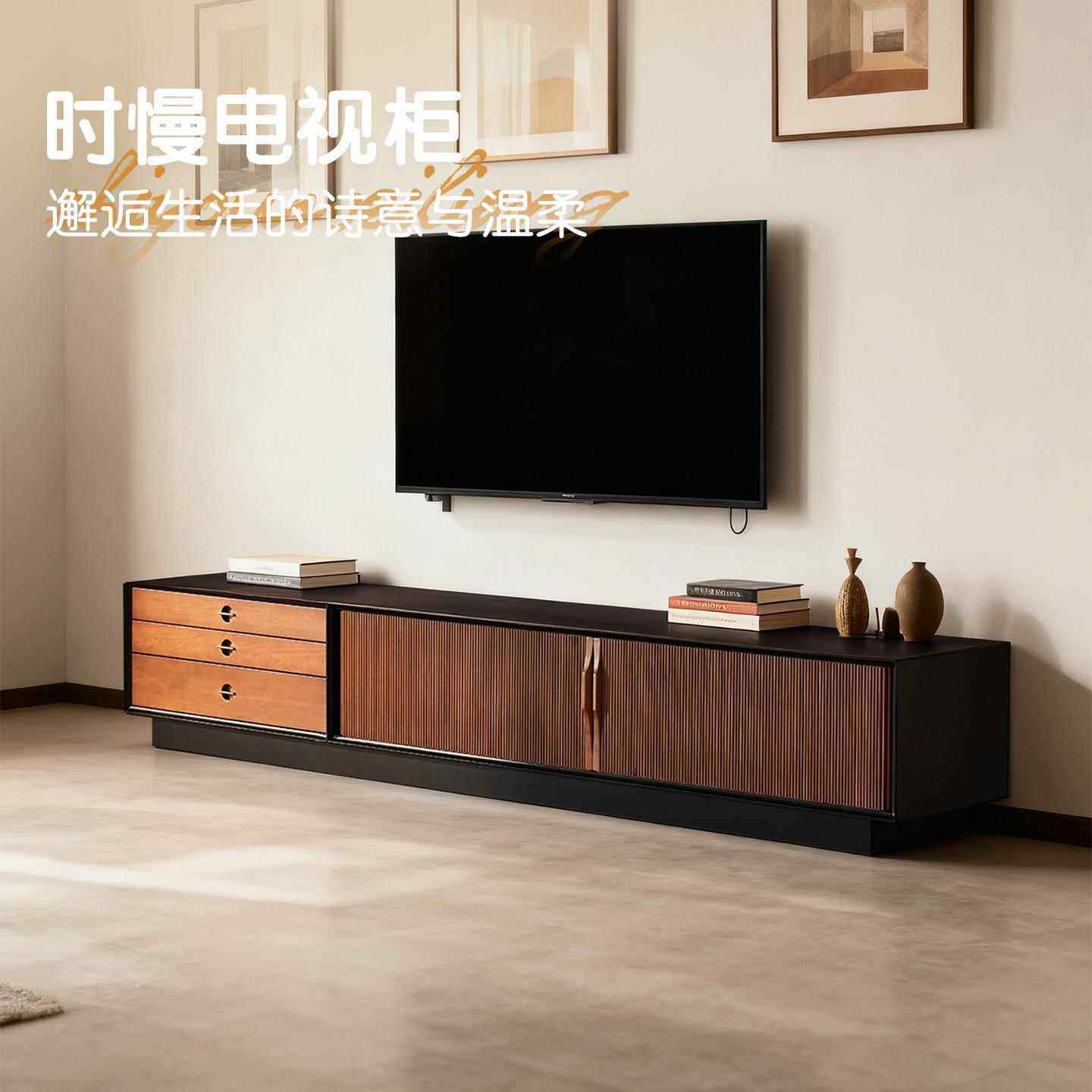 2025新款中古风实木落地电视柜家用客厅靠墙抽屉柜小户型收纳柜子