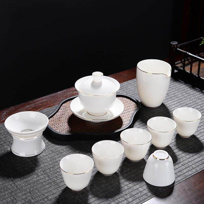 玉石白瓷功夫盖碗茶具礼品接待茶具客厅家用茶壶茶杯