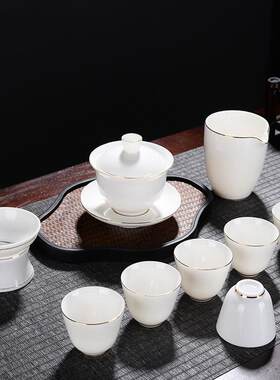 玉石白瓷功夫盖碗茶具礼品接待茶具客厅家用茶壶茶杯
