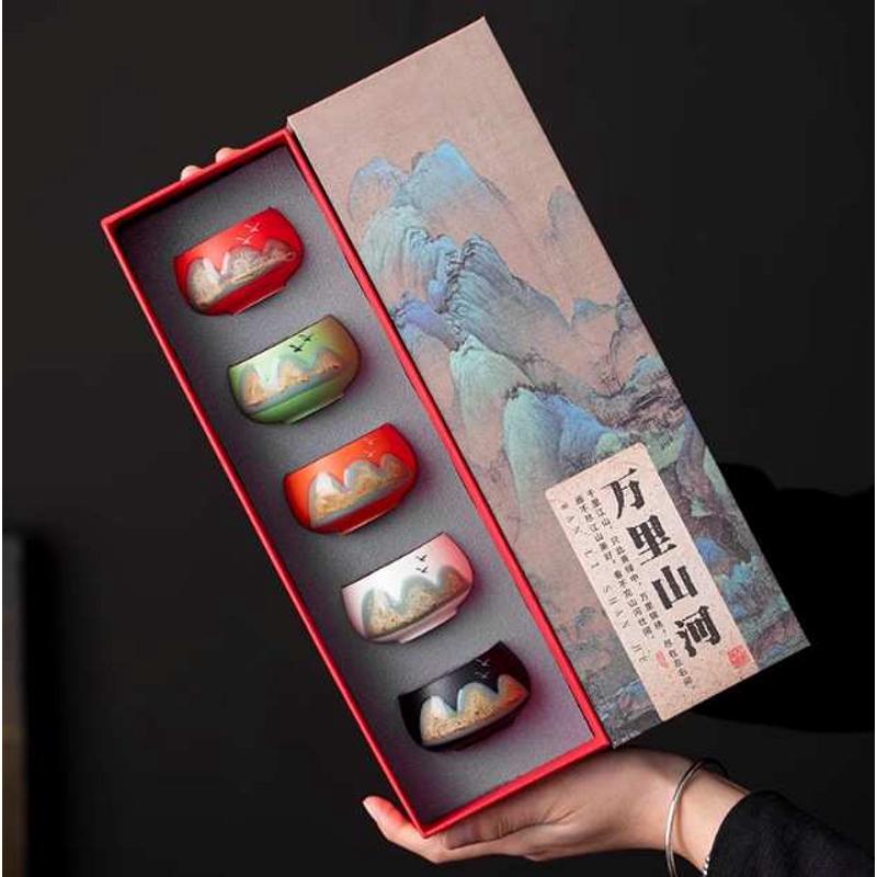 棠馨文创陶瓷窑变茶杯套装品茗杯办公家用四色大肚杯商务伴手礼