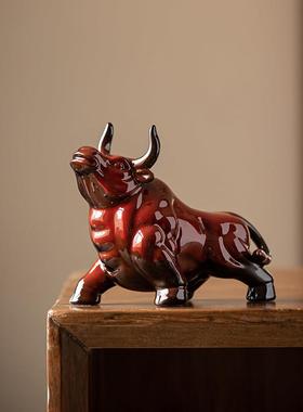 陶瓷红色牛小摆件牛气冲天家居招财装饰品办公室吉祥物生肖牛礼品