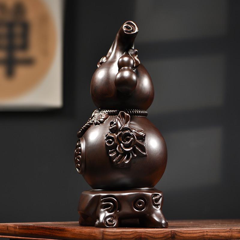 黑檀木雕如意葫芦摆件实木客厅家居电视柜中式装饰木质工艺品送礼