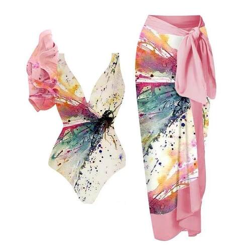 X 35576 Bikini One Piece Swimsuit Wrap Skirt 荷叶边连体泳衣