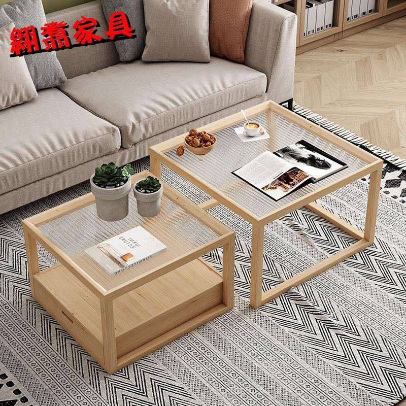 现代小户型实木玻璃茶几轻奢创意款小方桌客厅家用子母桌厂家直销