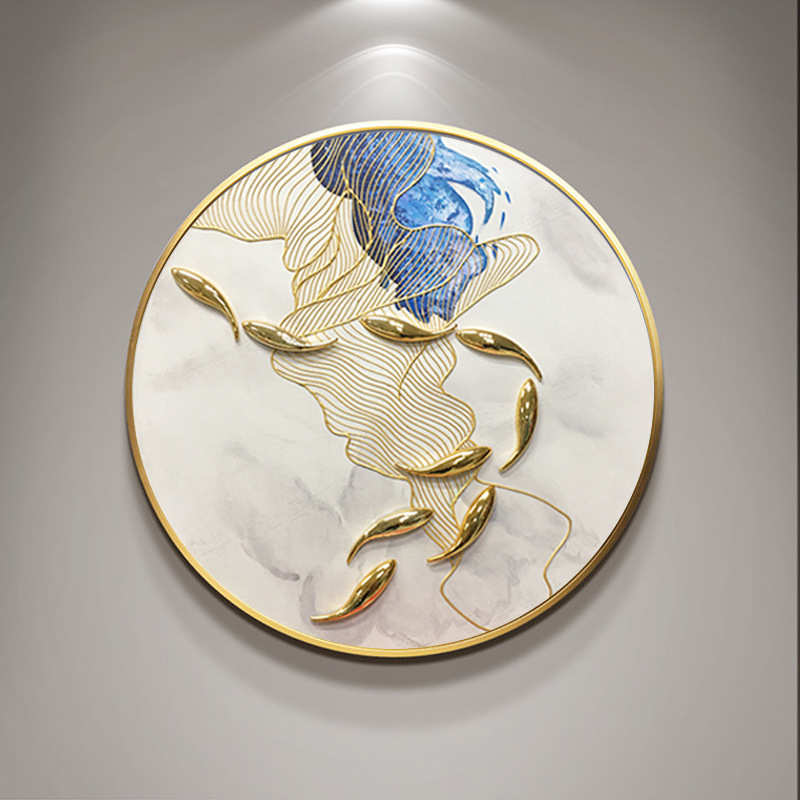 手绘九鱼图金线画新中式玄关圆形抽象画现代轻奢客厅装饰油画招财图片