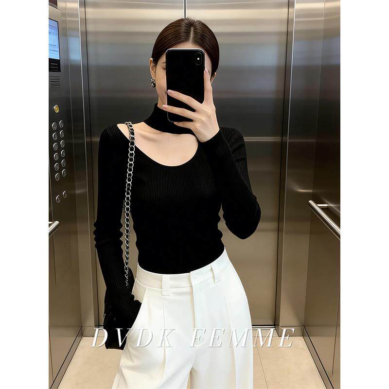 法式黑色挂脖半高领镂空针织衫女春秋季高级感修身内搭打底衫上衣