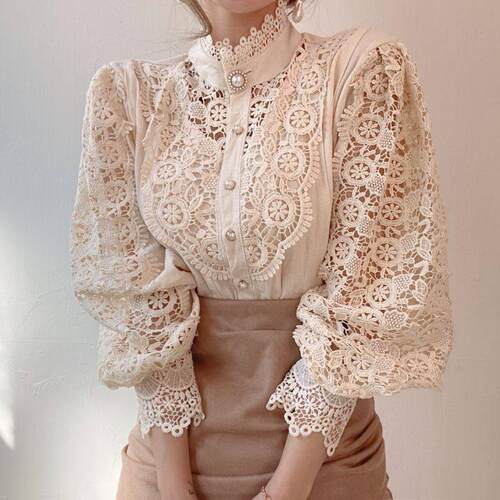 Lace hollowed out flower patchwork long sleeved stand up