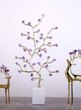 轻奢紫水晶摆石铜枝家居件大理石底座客厅卧柜室酒软装装W0272饰