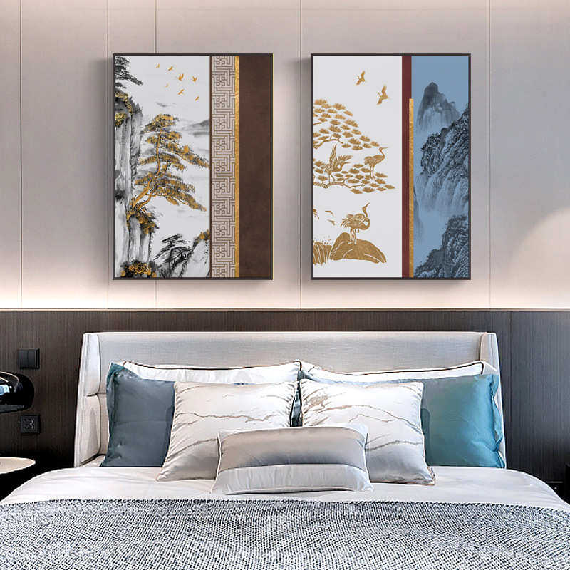 新中式现代轻奢客厅玄关装饰画禅意水墨金色松鹤背景墙壁山水挂画