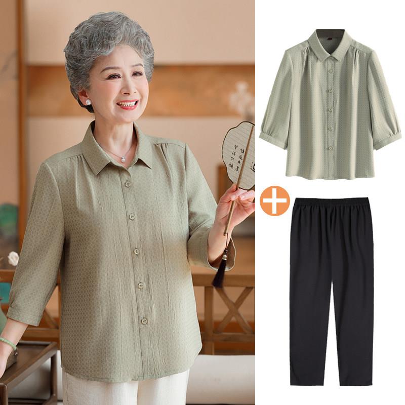 中老年人夏装女七分袖衬衫60岁70妈妈款太太中袖寸衬衫服奶奶套装