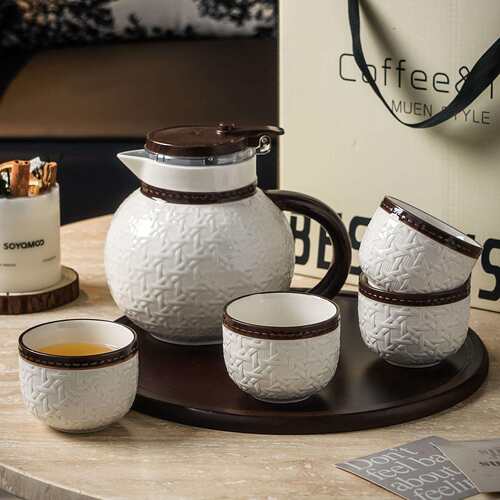 陶瓷7.1-4藤宿茶具套家盘用酒店民编织装纹茶壶茶杯带木托带茶滤
