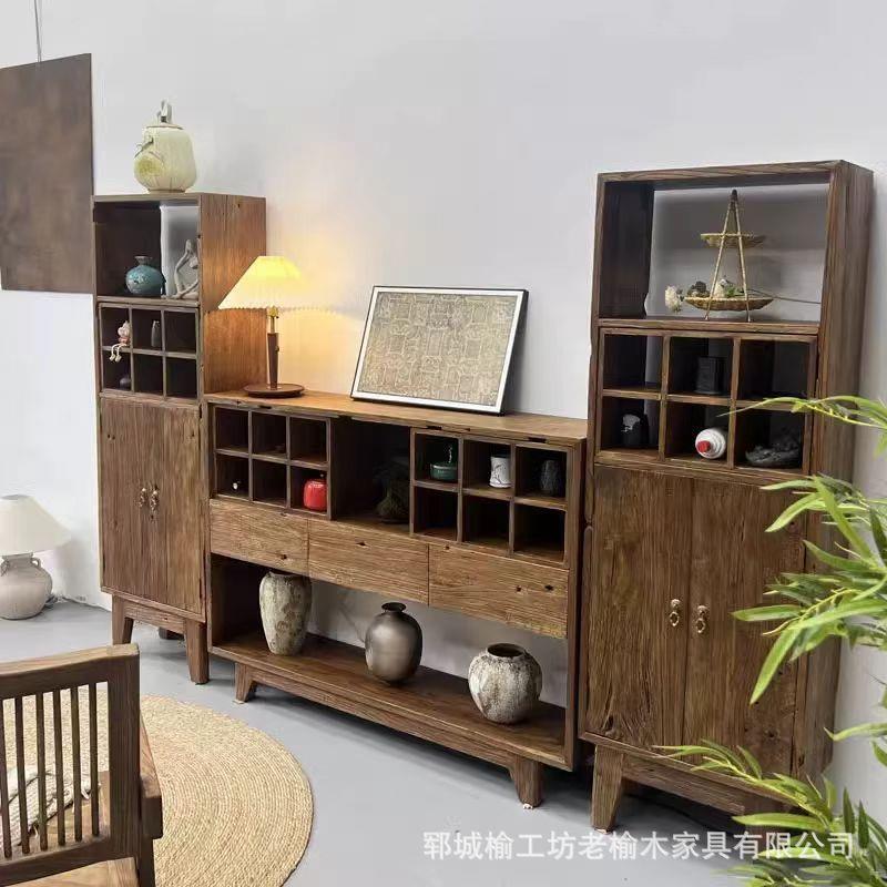 老榆木博古架新中式格子收纳架茶具茶杯储物架复古榆木储物架子
