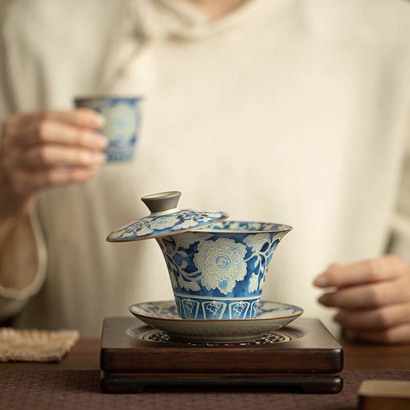 景德镇元青花汝窑三才盖碗悬停泡茶碗闷茶碗陶瓷茶具复古马蹄盖碗
