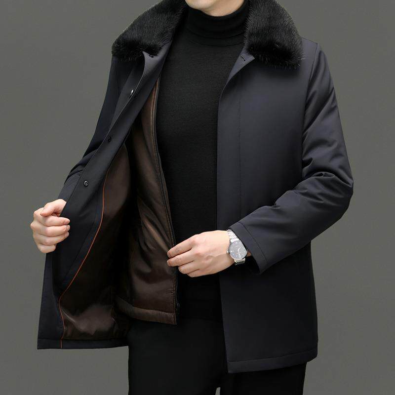 中年款尼克服男中长商务领黄金兔毛内胆翻拆暖卸外套爸爸装保8696