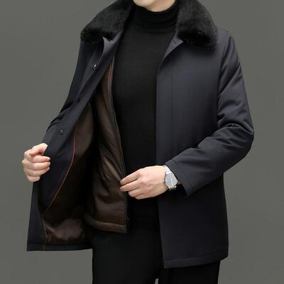 8696-C中年尼克服男中长款商务翻黄内金兔毛领胆拆卸外保套爸爸装