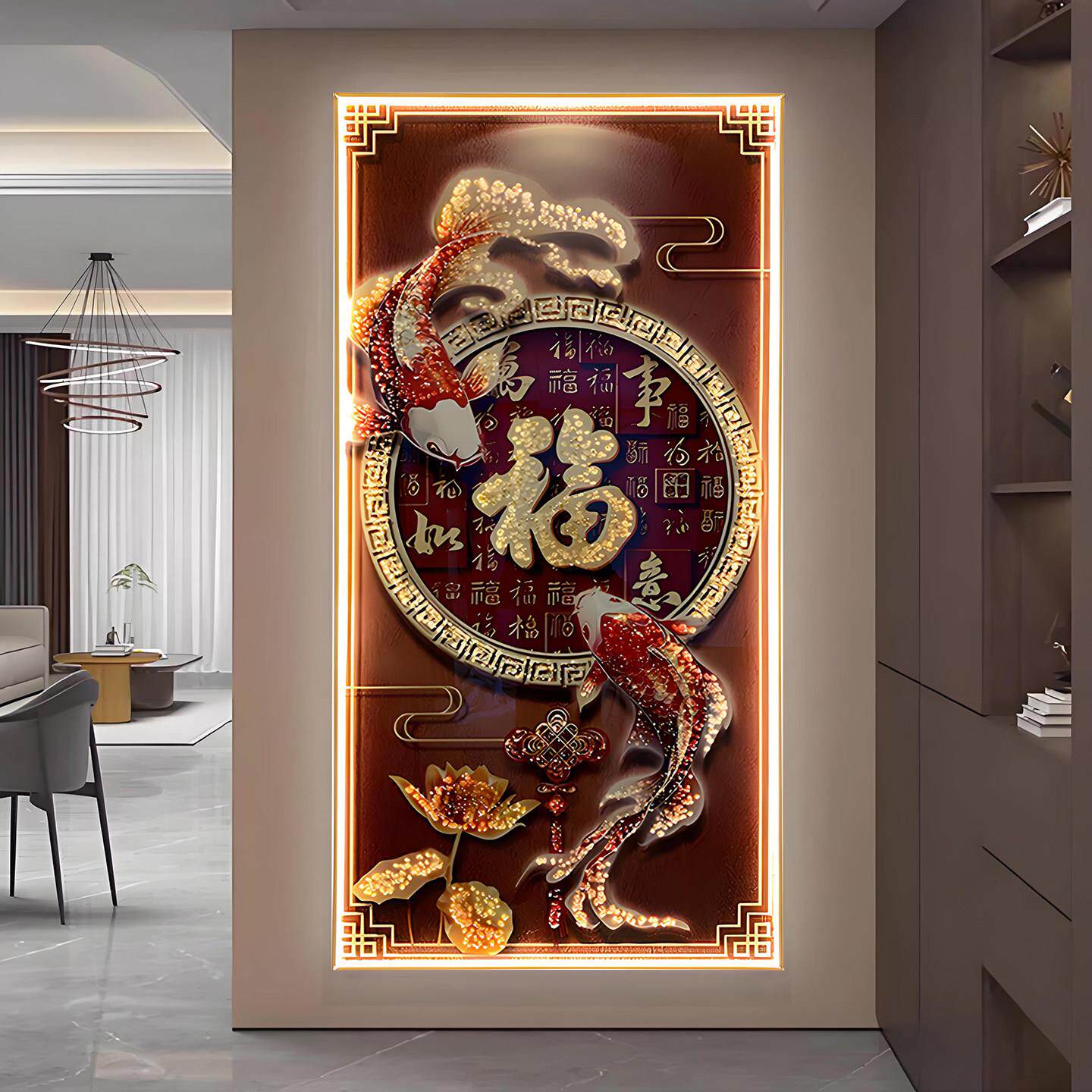 入户正对玄关挂画走廊过道带灯光装饰画高档客厅新款锦鲤福字壁画