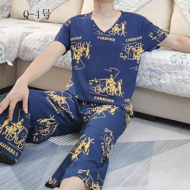 夏季宽松薄款男士人造棉绵绸睡衣V领短袖七分裤青少年棉绸家居服