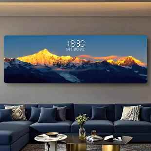 日照金山简约现代客厅装饰画画靠山沙发背景墙挂画画电钟表带灯壁