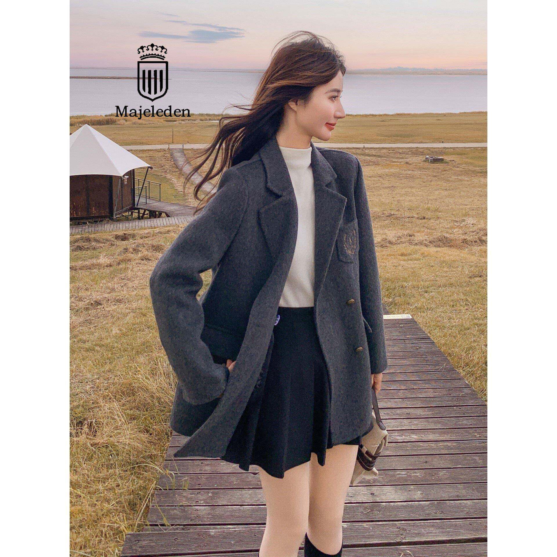 正品2025冬新款灰色英伦学院风双面呢羊毛西装外套女毛呢大衣西服