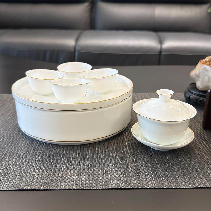 白瓷描金陶瓷功夫茶具套装直身凤凰茶冲茶盖碗喝茶小器具精致小巧