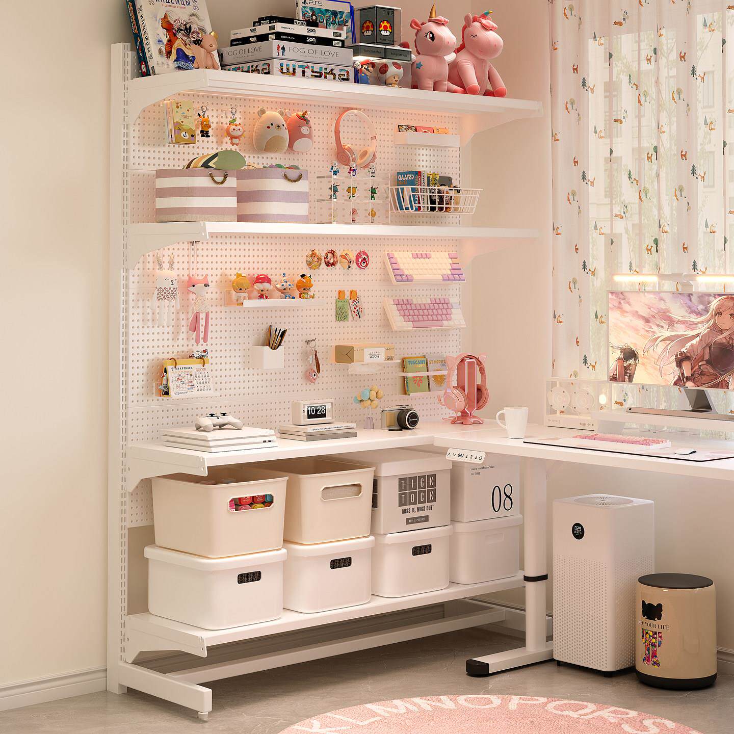 立式洞洞板置物架免打孔落地金属收纳层架电竞房间书房电脑桌面改