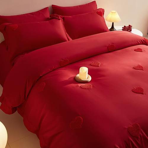结婚四件套大红色婚嫁床上用品高端提花被套新婚床单婚庆床笠喜被