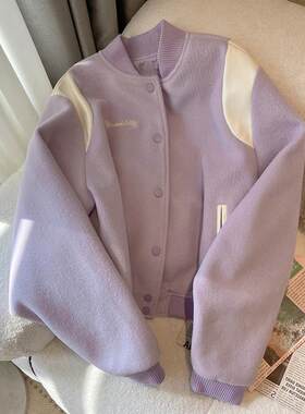 韩国紫色pu皮拼接夹克外套女春秋新款宽松复古温柔风气质棒球服潮
