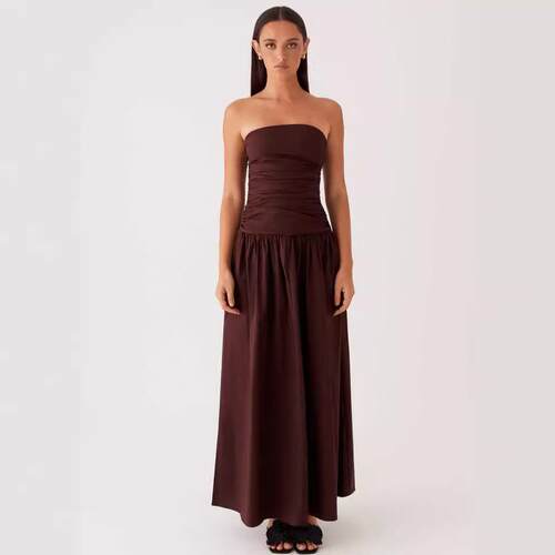 Women Summer Tube Long Dress Ruched Boat Neck Backless